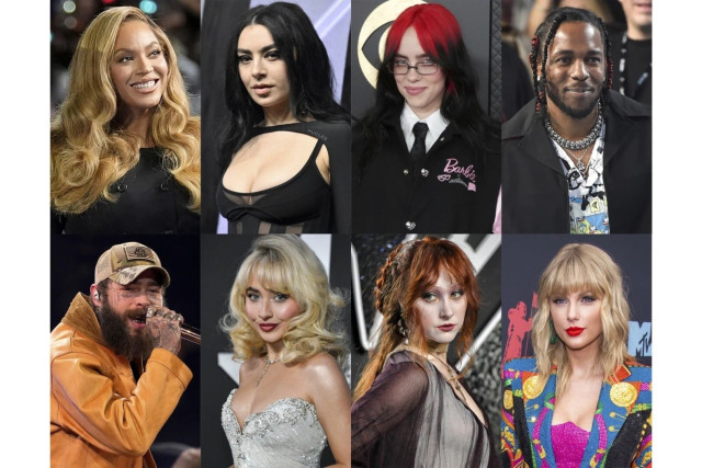 Compilation of photos featuring top Grammy Awards 2025 nominees, from top left: Beyoncé, Charli XCX, Billie Eilish, Kendrick Lamar; bottom left: Post Malone, Sabrina Carpenter, Chappell Roan, Taylor Swift.